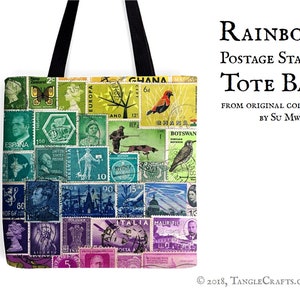Regenbogen Tote Bag - Briefmarken-Druck | bunter Shopper mit langen Henkeln, Stoff Umhängetasche | all over Post Print Geldbörse, Studentenbuch Tasche