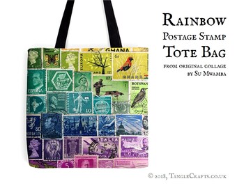 Rainbow Tote Bag - Postage Stamp Print Shopper with Long Handles