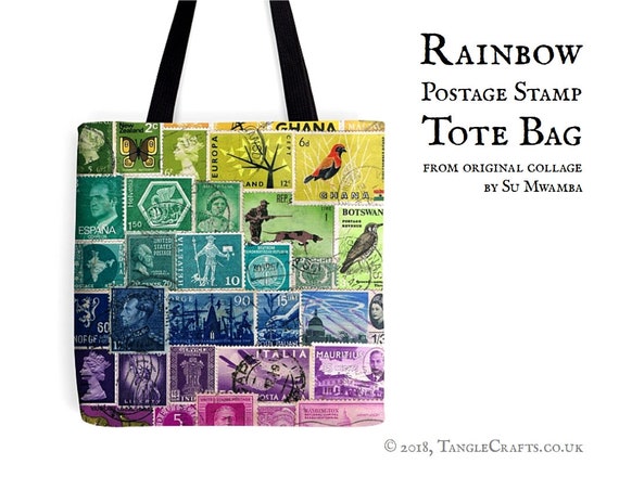 Rainbow Tote Bag - Postage Stamp Print | colourful long handle shopper, fabric shoulder bag | all over postal print purse, student book bag