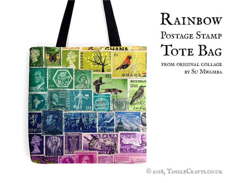 May include: A tote bag featuring a colourful collage of vintage postage stamps. The stamps depict a variety of designs, including birds, butterflies, and landscapes. The bag is made from durable canvas and has a large main compartment.