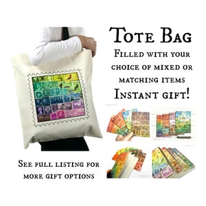 Tote Bag Gift Set - Postage stamp stationery tin, notebook, card & more | Postal art collage print grab bag for stamp collector or penpal UK