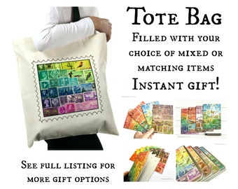 Postage Stamp Gift Bag - Eco tote filled with stationery tin, notebook, card & more