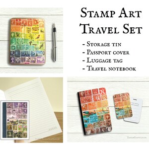 Briefmarken Travel Kit - Reisepasshülle, Gepäckanhänger, Notizbuch, klappbare Aufbewahrungsdose | Vintage Weltpost, Briefmarken Aufdruck Zubehör Set