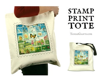 Summer Day Tote Bag - postage stamp art | Abstract landscape print, eco friendly reusable market bag | Nature lover, travel ephemera gift UK