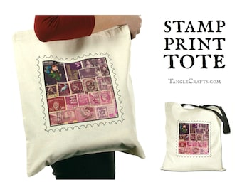 Mauve Purple Eco Tote Bag - postage stamp art | Reuseable cotton bag for life | Faded vintage ephemera print gift for collector or penpal UK