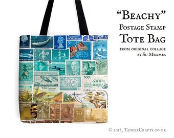 Postage Stamp Beach Bag - Postal Art Print | beach vacation, long handle tote - sea blue green, golden sand | quirky travel gift, fabric bag