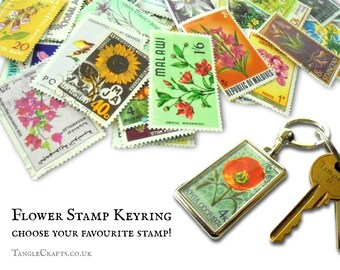 Flower Postage Stamp Keyring - choose your favourite