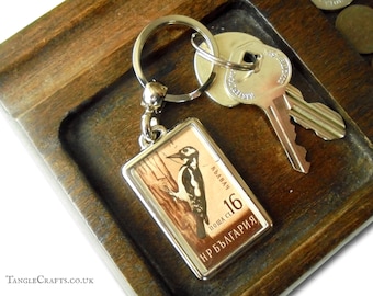 Great Spotted Woodpecker Keyring made with vintage 1959 Bulgaria stamp