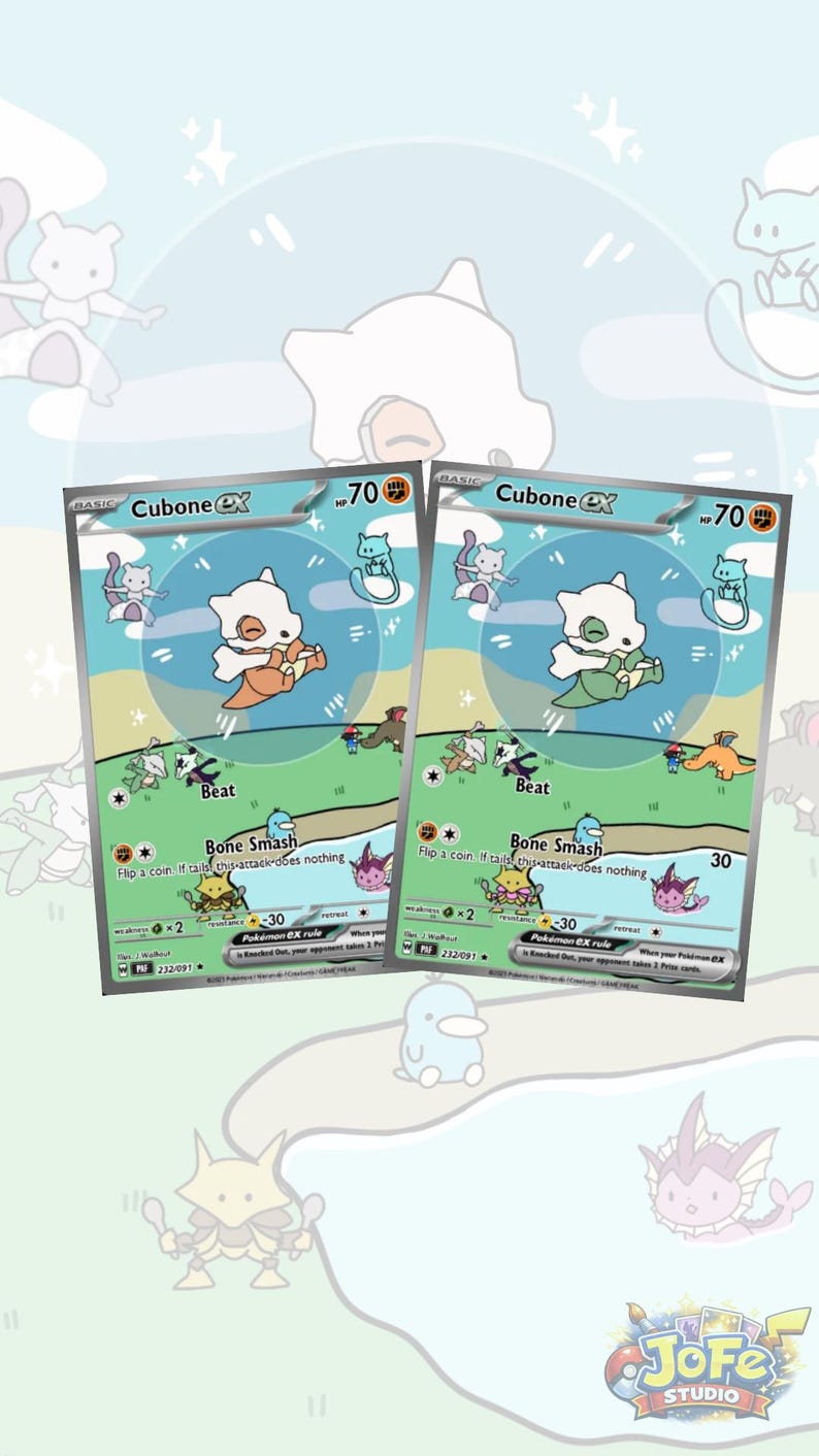 Op de afbeelding: Twee Cubone EX Pok&eacute;mon-verzamelkaarten. Elke kaart bevat een Cubone-karakterillustratie met de tekst "Beat" en "Bone Smash". De kaarten hebben een blauwe, groene en witte achtergrond met andere Pok&eacute;mon-personages.