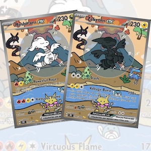 May include: Two Pokémon EX trading cards featuring Reshiram and Zekrom. The Reshiram card shows a white dragon, while the Zekrom card features a black dragon. Both cards have a mountain and river background with the text "Powerful Rage" and "Voltage Burst".
