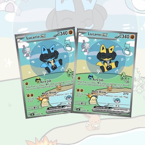 May include: Two Lucario EX Pokémon trading cards. One card features a blue Lucario, the other a yellow Lucario. Each card has the text "Aura Jab" and "Mega Brave". The background has cartoon images of other Pokémon.