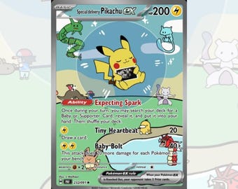 Aangepaste Pregnancy reveal Bubbel Special Delivery Pikachu kaart met Echo foto! Op maat gemaakt