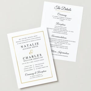 May include: A wedding invitation with gold accents. The invitation features the names Natalie Allison Smith and Charles William Green III, with the date and time of the ceremony and reception. The details of the ceremony and reception are listed on a separate card.