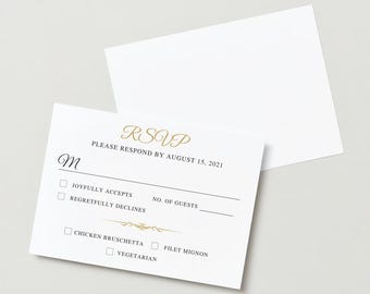 Classic Wedding RSVP Card - Meal Selection Included - 5X3 Size - Canva Template to Edit - Gold & White Wedding