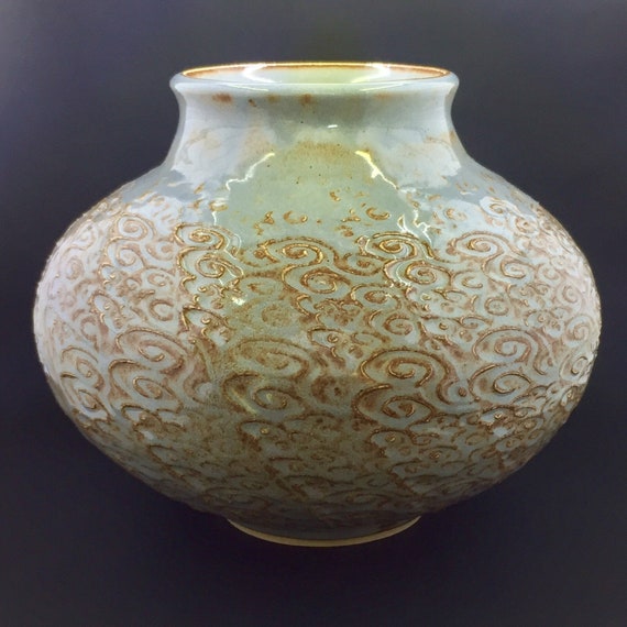 Handmade Ceramic Textured Vase in Light Blue Shino Glaze