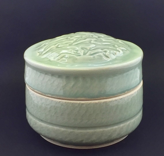 Celadon Handmade Pottery Lidded Box with Dolphin Design