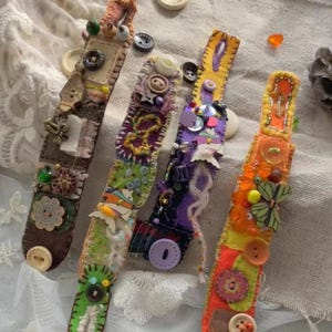 Cloth Boho Bracelet, Fabric Cuff Bracelet with Buttons, Colorful Embroidered Bracelet, Unique Gift for her
