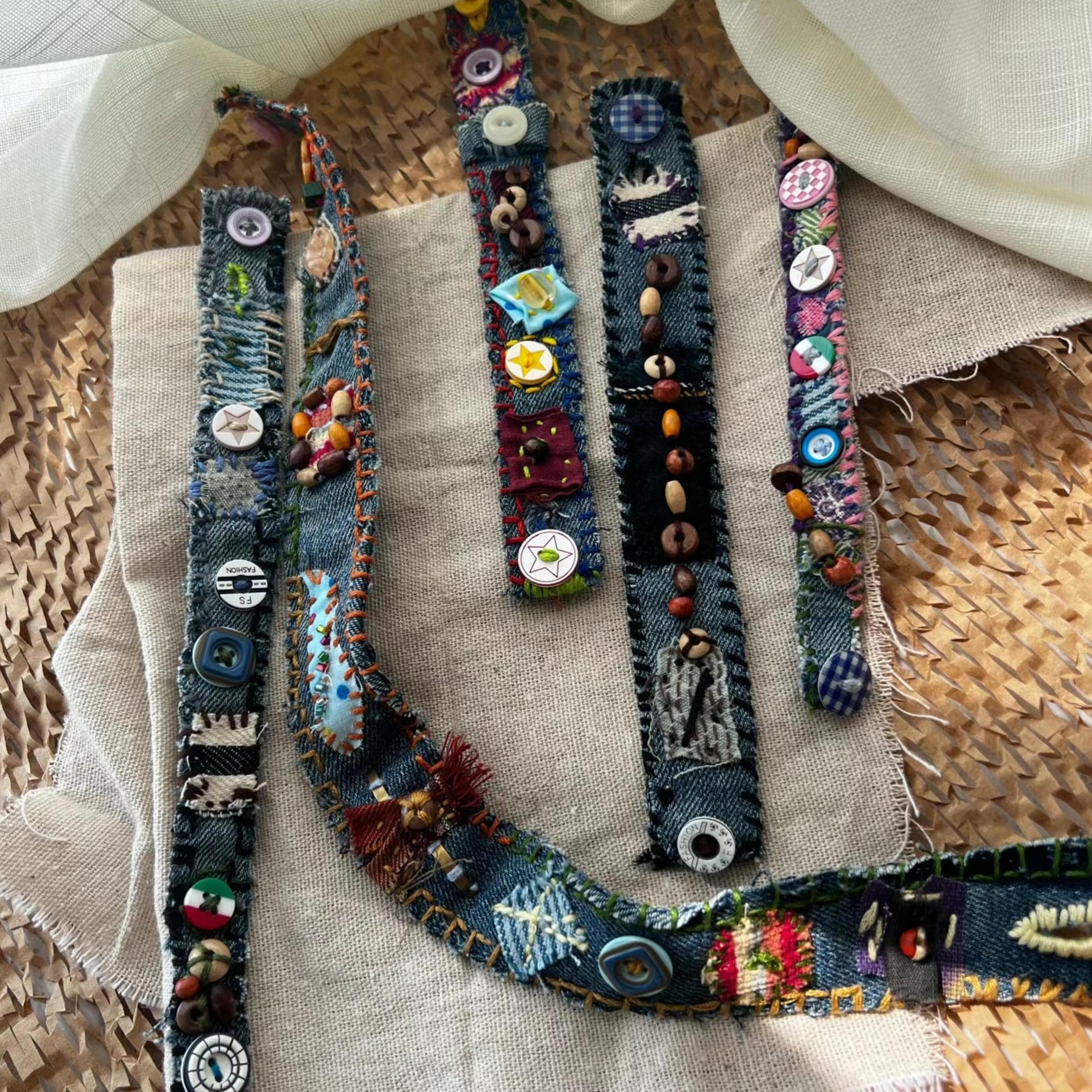 Upcycled Denim Boho Bracelet, Repurposed Jeans Fabric Cuff