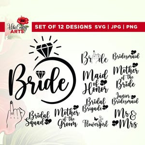 Pacchetto di file SVG per la festa nuziale, Cricut, PNG, SVG, sublimazione, file SVG per matrimonio, file SVG per sposa, file SVG per damigella d'onore, file SVG per damigella d'onore, file SVG per signor e signora