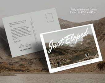 May include: Two postcards with a mountain landscape background. One postcard has the text "Just Eloped" in white script. The other postcard has text about eloping in Rocky Mountain National Park. The date August 25, 2024 is also visible.