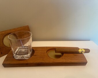 Genuine Bourbon Barrel Stave Cigar ashtray and Coaster with custom monogrammed leather coaster