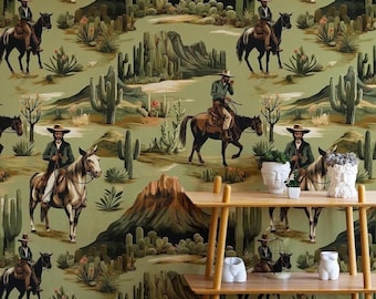 Western Wallpaper - Retro Cowboy Tapete - Pferde Tapete - Rustikale Wüsten Kaktus Szene Tapete - Tapete zum Schälen und Aufkleben