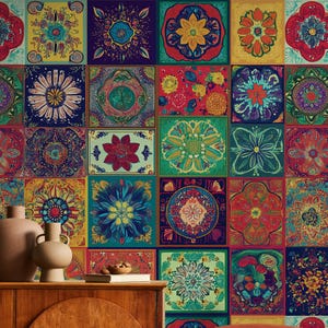 Carta da parati Boho Vintage Tile - Motivo Mandala colorato - Carta da parati in stile indiano - Carta da parati Collage - Carta da parati rimovibile