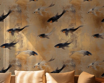 Luxus Goldfisch Muster Tapete - Elegante Gold und Schwarze Fisch Tapete - Goldene Tapete - Chinoiserie Tapete - Abziehen und Aufkleben Tapete