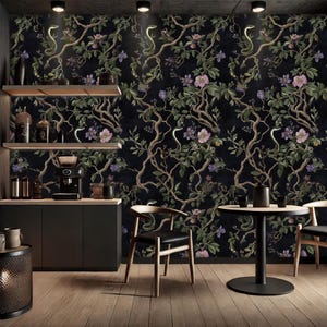 Dark Floral and Snake Wallpaper - Luxurious Bathroom and Living Room Decor - Peel and Stick Wallpaper - Luxury Home Decor