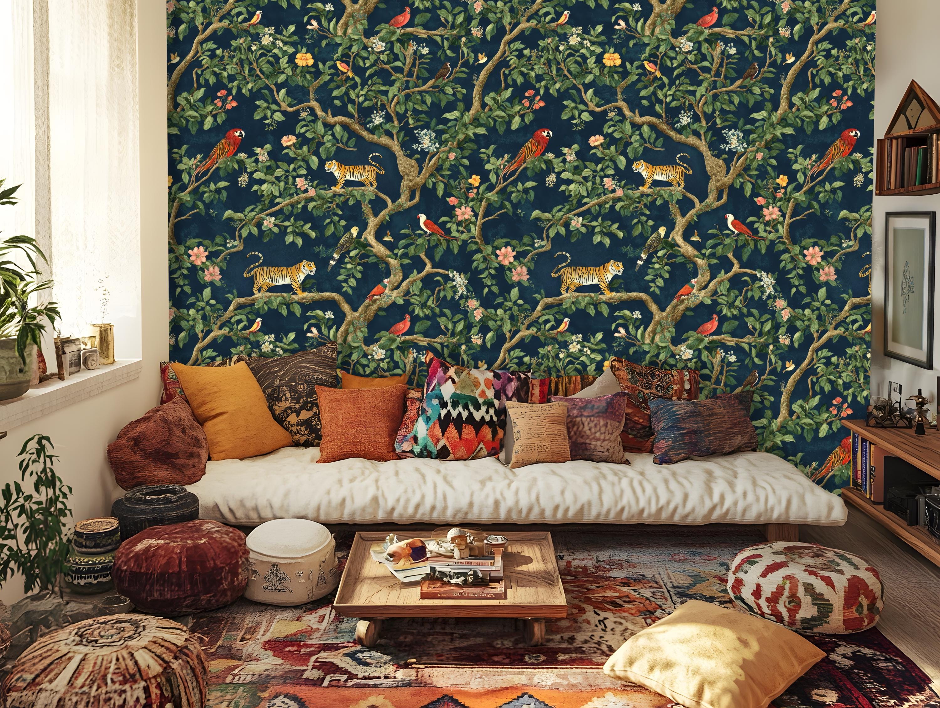 Exotische Dschungel Tapete Mit Tigern und Vögeln - Vintage Botanische Tapete - Dunkle Botanische Tapete - Tiger Tapete - Abziehen und aufkleben