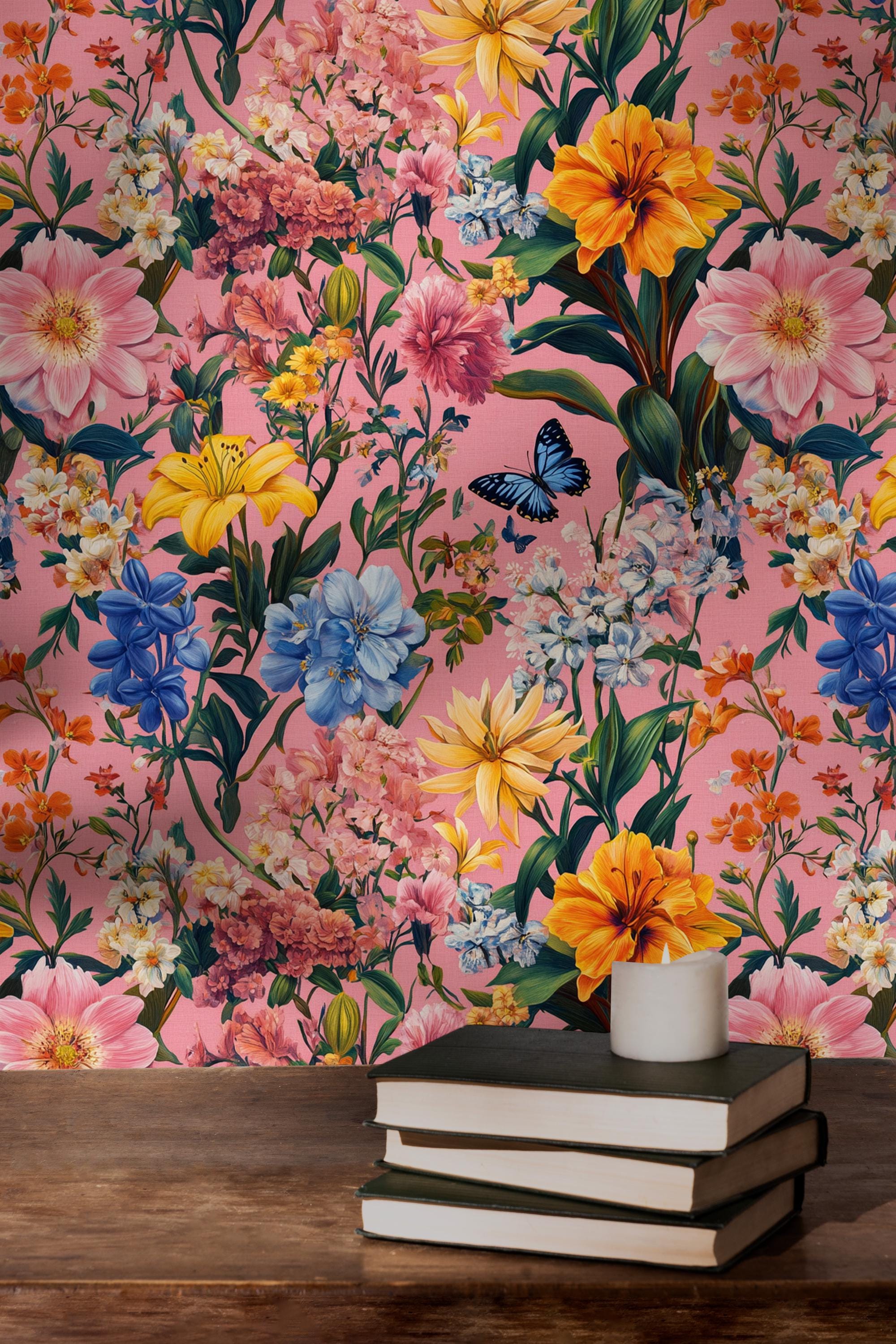 Pink Floral Wallpaper: Vibrant Spring Flowers, Botanical Design (peel ...