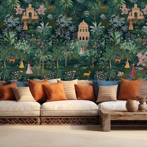 Lush Jaipur Garden Wallpaper- Scenic Removable Wall- Tropical Paradise Indian Garden Wallpaper - Indian Wallpaper - Peel and Stick Wallpaper