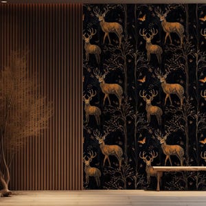 Goldene Hirsch- und Wald-dunkle Hintergrund-Tapete - Goldene Hirsch-Tapete - Elegante Natur-Tapete - Schälen und aufkleben