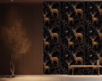 Goldene Hirsch- und Wald-dunkle Hintergrund-Tapete - Goldene Hirsch-Tapete - Elegante Natur-Tapete - Schälen und aufkleben