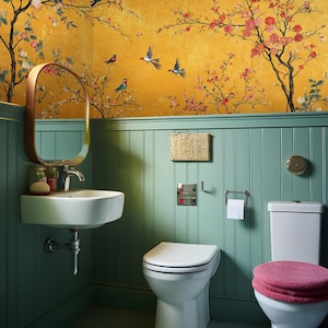Yellow Chinoiserie Wallpaper - Elegant Floral Birds Cherry Blossom Wallpaper - Tree and Birds Wallpaper - Peel and Stick Wallpaper