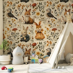 Adorable Bunny and Floral Wallpaper - Cute Woodland Animal Nursery Wall Decor For Kids Room or Playroom - Peel and Stick Wallpaper