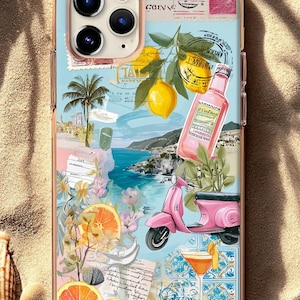 Estuche para teléfono con acuarela de la Costa Amalfitana, diseño de limones y scooter rosa con ambiente de verano mediterráneo, funda para teléfono inspirada en collage, estuche para teléfono con collage coqueto.