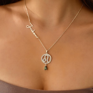 Custom Silver Zodiac Necklace with Name & Birthstone – Personalized Astrological Jewelry with Gemstone Accent – Perfect for Astrology Lovers