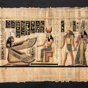 X-Large 37x26in Papyrus Painting – Goddess Ma&#39;at, Goddess Hathor, and God Horus leading Queen Nefertari – Vintage Egyptian Signed Artwork