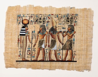 King Horemheb, Goddess Hathor, and God Horus - Vintage Egyptian Signed Painting on Handcrafted Papyrus 17x13 in