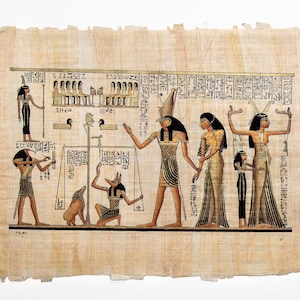 The Judgment (the Weighing of the Heart) - Vintage Egyptian Signed Painting on Handcrafted Papyrus 17x13 in (Medium)