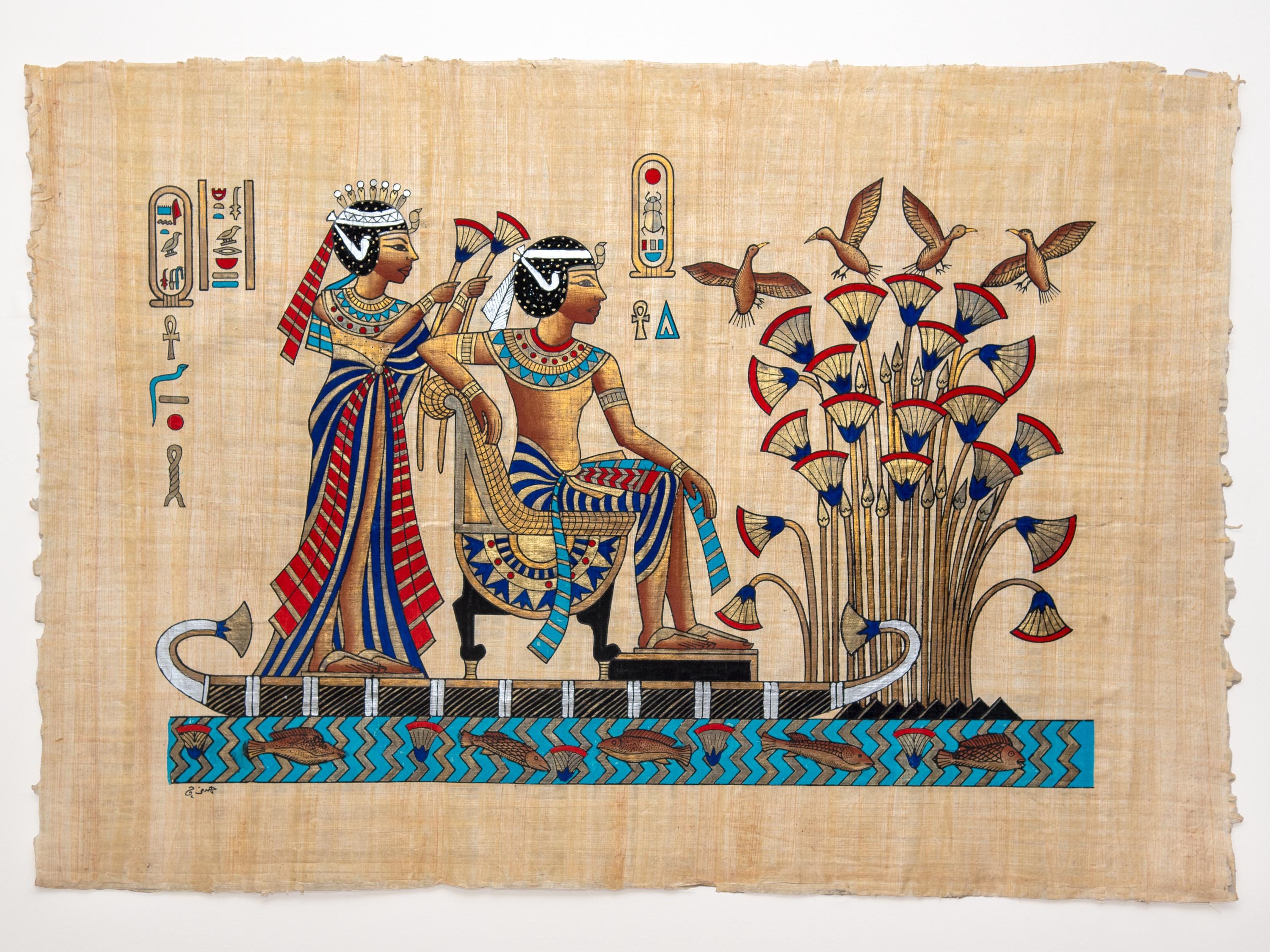 特大 37 x 26インチ パピルス画 – ツタンカーメン王と