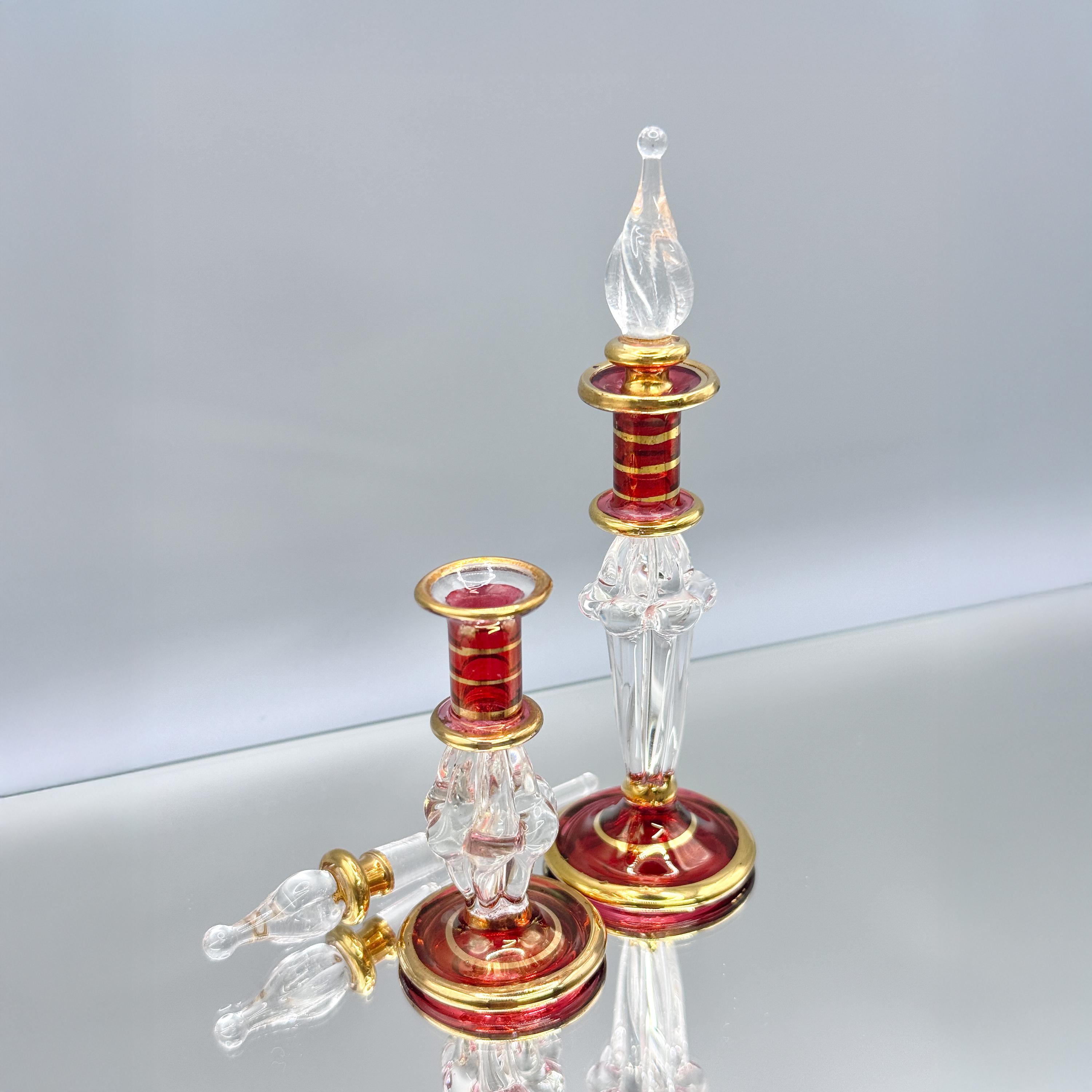 Set of 2 Egyptian Glass Perfume Bottles, Handblown Fragrance & Oil Genie Bottles, 90s Vintage, Swirled and Fluted Body, Ruby Red, 3.5-4.3 in