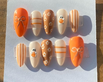 Fall Halloween Press On Nails 3D - Almond Nails - Custom Handpainted - Gel Acrylic Autumn Fake Nails, Floral Ghost Pumpkin Nails