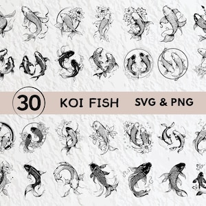 Op de afbeelding: Een set van 30 zwart-witte vectorillustraties van Koi-vissen in verschillende poses. De illustraties zijn perfect voor gebruik in knutselen, scrapbooking en andere creatieve projecten. De tekst "30 Koi Fish SVG & PNG" staat bovenaan de afbeelding.