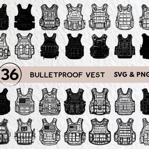 Puede incluir: Un conjunto de 36 archivos digitales SVG y PNG de chalecos antibalas en blanco y negro. Los chalecos están ilustrados en una variedad de estilos, incluyendo clásico, táctico y moderno.
