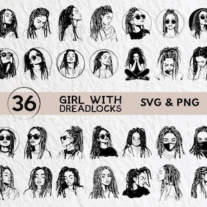 May include: A set of 36 black and white SVG and PNG digital downloads featuring illustrations of women with dreadlocks. The illustrations are in various poses and styles, including some with sunglasses.