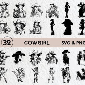 May include: A set of 32 black and white cowgirl SVG and PNG digital files. The images feature cowgirls in various poses, including riding horses, holding guns, and wearing cowboy hats.