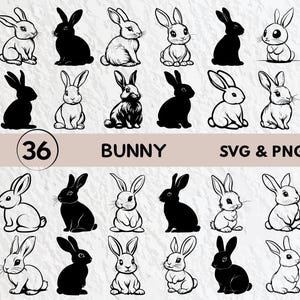 May include: A set of 36 black and white bunny SVG and PNG files. The bunnies are in various poses, including sitting, standing, and hopping. The files are perfect for use in crafting, scrapbooking, and other creative projects.