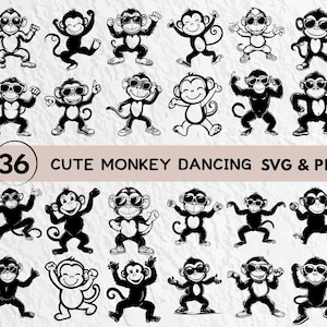 かわいい猿のダンス SVG バンドル、猿のシルエット PNG、猿のアウトライン クリップアート PNG、猿のアウトライン SVG、猿のベクター アート、猿 SVG Cricut